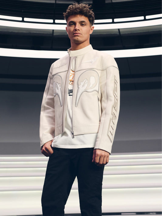 McLaren F1 Team Leather Biker Jacket in Off White | Reiss Men Recommended