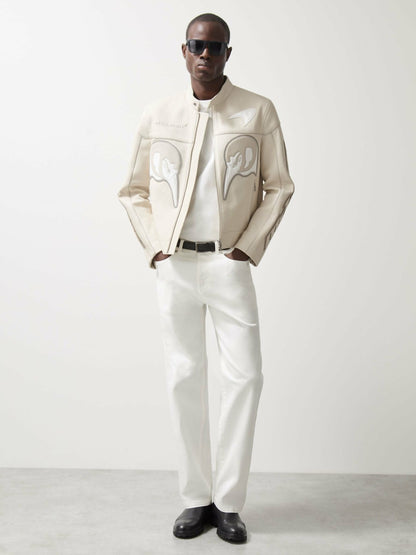 McLaren F1 Team Leather Biker Jacket in Off White | Reiss Men Recommended