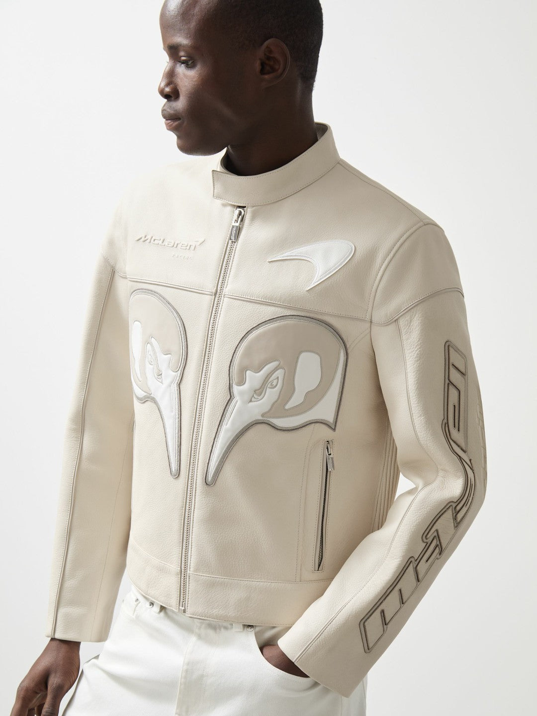 McLaren F1 Team Leather Biker Jacket in Off White | Reiss Men Recommended