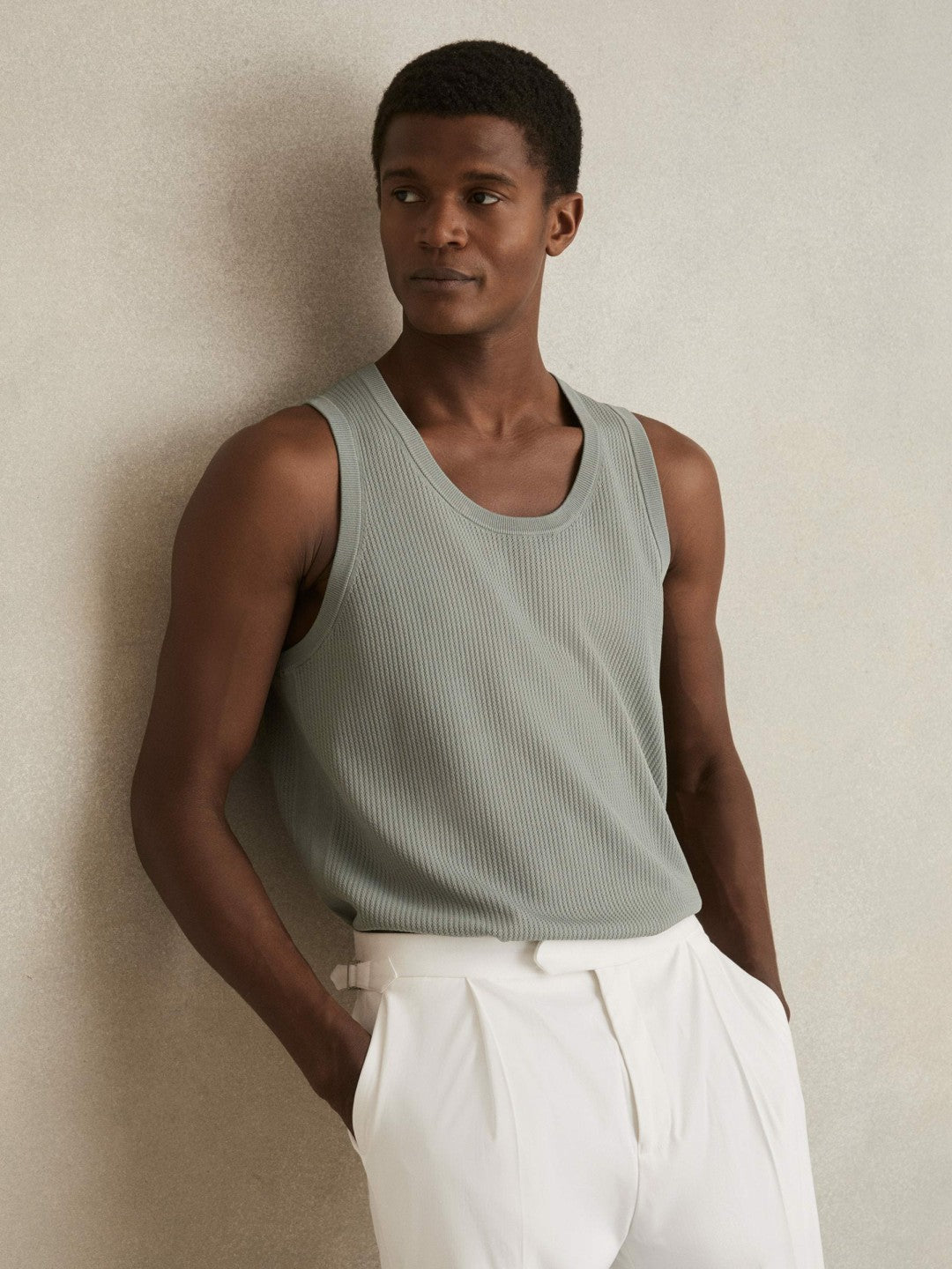 Textured Crew Neck Ribbed Vest in Sage Green | Reiss Men Recommended