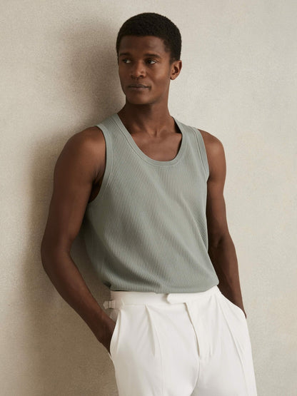 Textured Crew Neck Ribbed Vest in Sage Green | Reiss Men Recommended