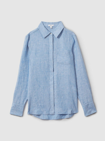 Linen Button-Through Shirt in Blue | Reiss Women Recommended