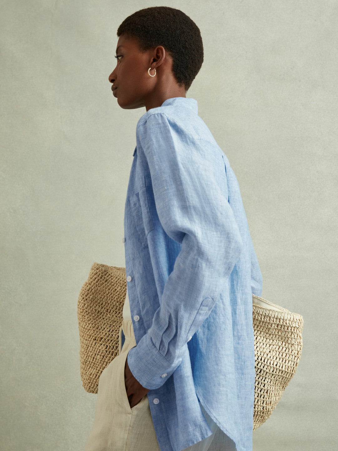 Linen Button-Through Shirt in Blue | Reiss Women Recommended