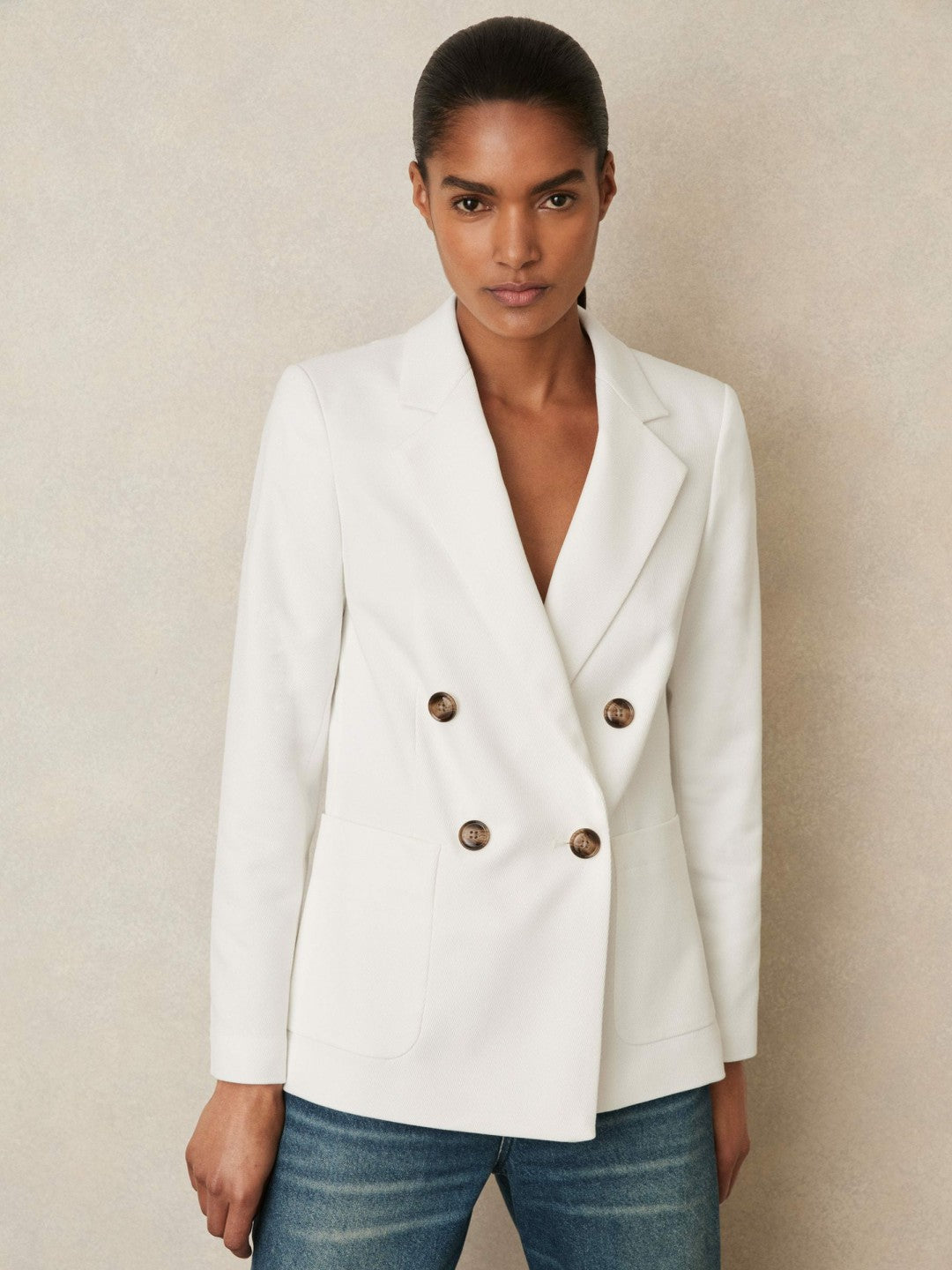 Double-Breasted Notch-Lapel Blazer in White | Reiss Women Best Seller