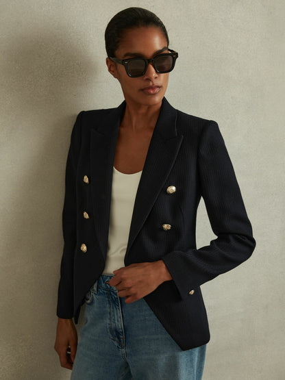 Tailored Fit Textured Double Breasted Blazer in Navy | Reiss Women Exclusive