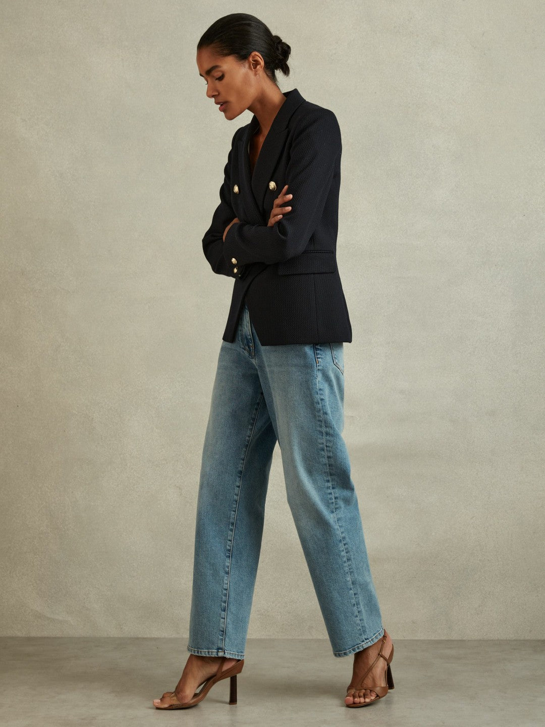 Tailored Fit Textured Double Breasted Blazer in Navy | Reiss Women Exclusive