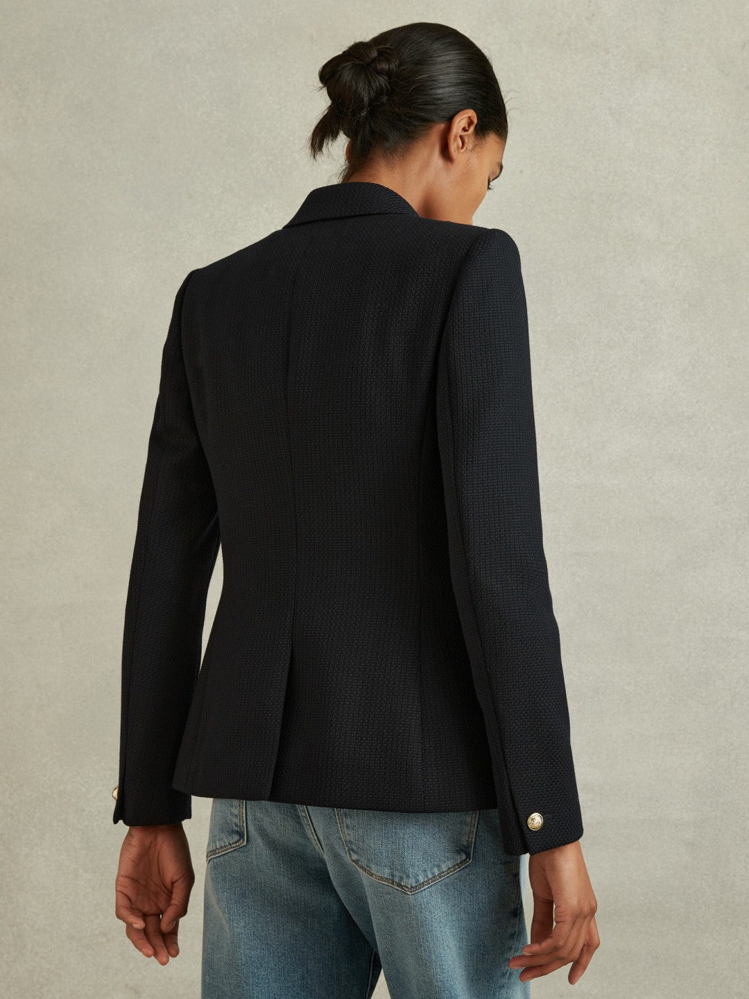 Tailored Fit Textured Double Breasted Blazer in Navy | Reiss Women Exclusive