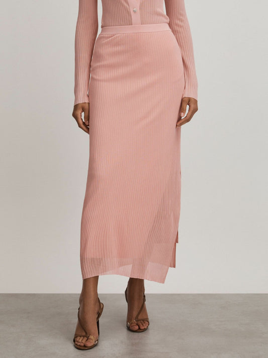 Carrie Pink Anna Quan Sheer Ribbed Knitted Midi Skirt | Reiss Women Best Seller