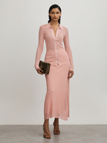 Carrie Pink Anna Quan Sheer Ribbed Knitted Midi Skirt | Reiss Women Best Seller