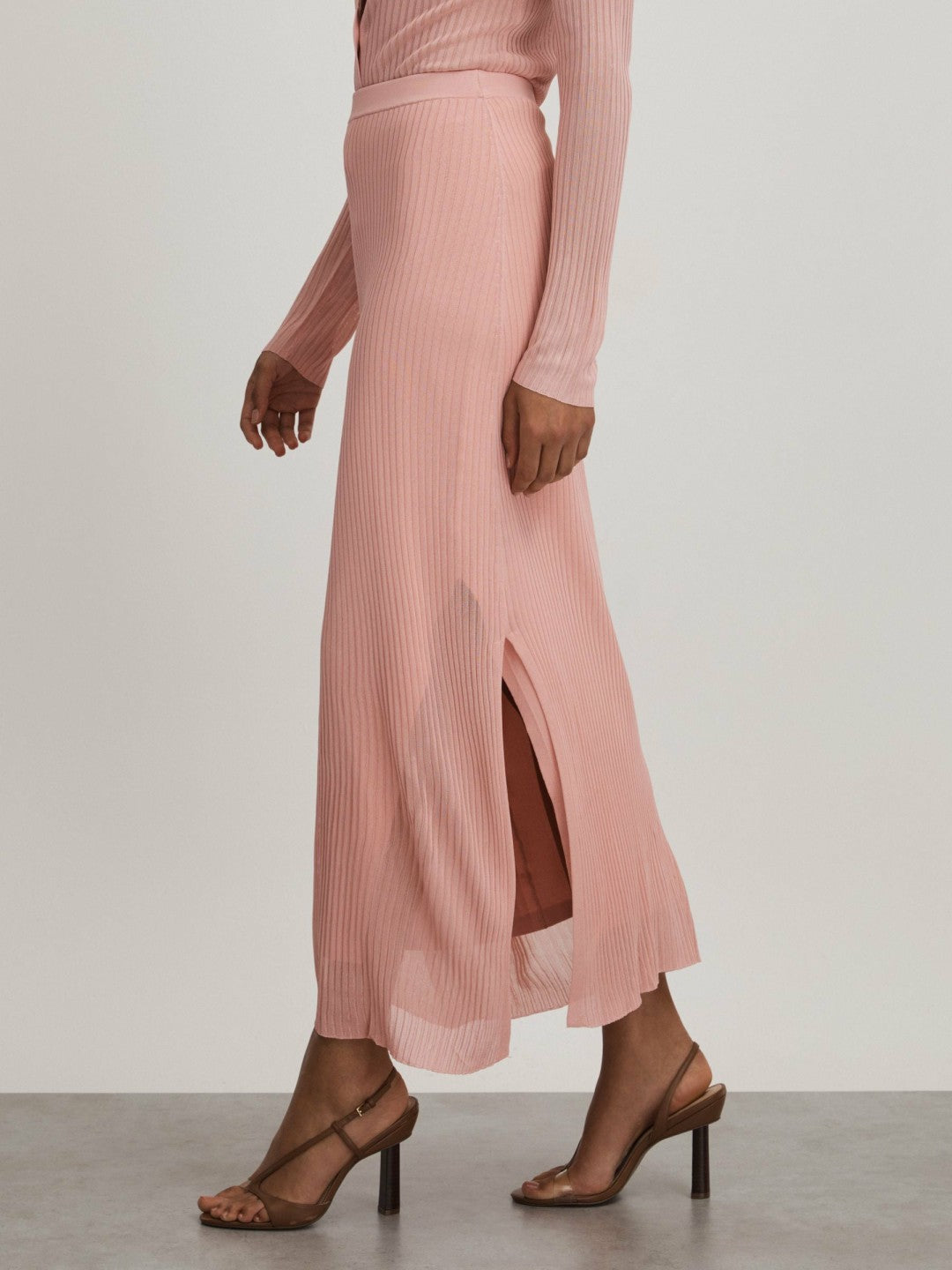 Carrie Pink Anna Quan Sheer Ribbed Knitted Midi Skirt | Reiss Women Best Seller