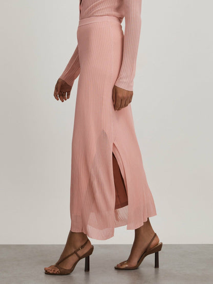 Carrie Pink Anna Quan Sheer Ribbed Knitted Midi Skirt | Reiss Women Best Seller