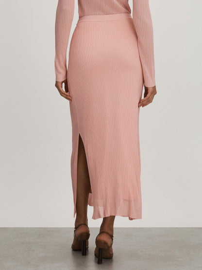 Carrie Pink Anna Quan Sheer Ribbed Knitted Midi Skirt | Reiss Women Best Seller