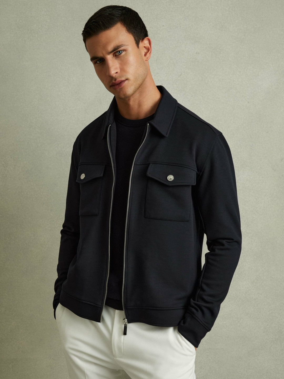 Interlock Jersey Zip-Through Jacket in Navy Blue | Reiss Men Trending