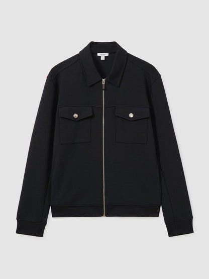 Interlock Jersey Zip-Through Jacket in Navy Blue | Reiss Men Trending