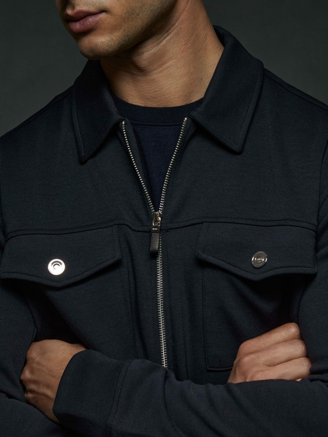 Interlock Jersey Zip-Through Jacket in Navy Blue | Reiss Men Trending