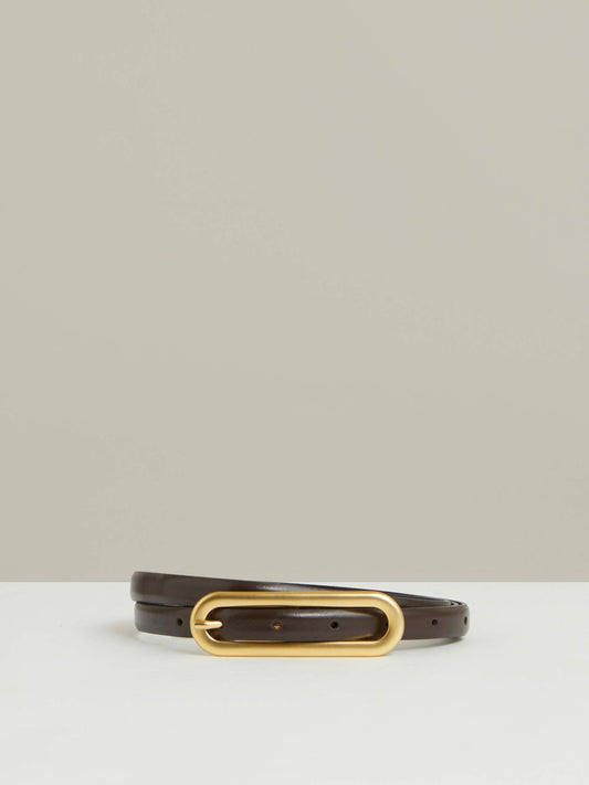 Thin Leather Elongated Buckle Belt in Chocolate | Reiss Women Premium