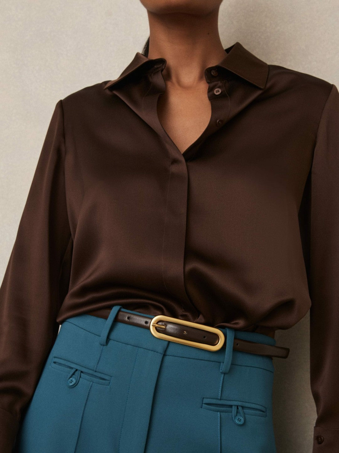 Thin Leather Elongated Buckle Belt in Chocolate | Reiss Women Premium