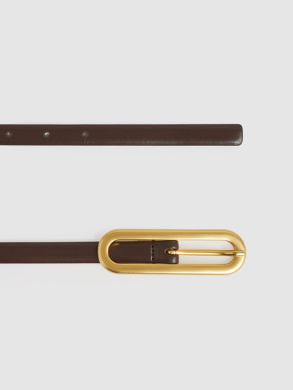 Thin Leather Elongated Buckle Belt in Chocolate | Reiss Women Premium