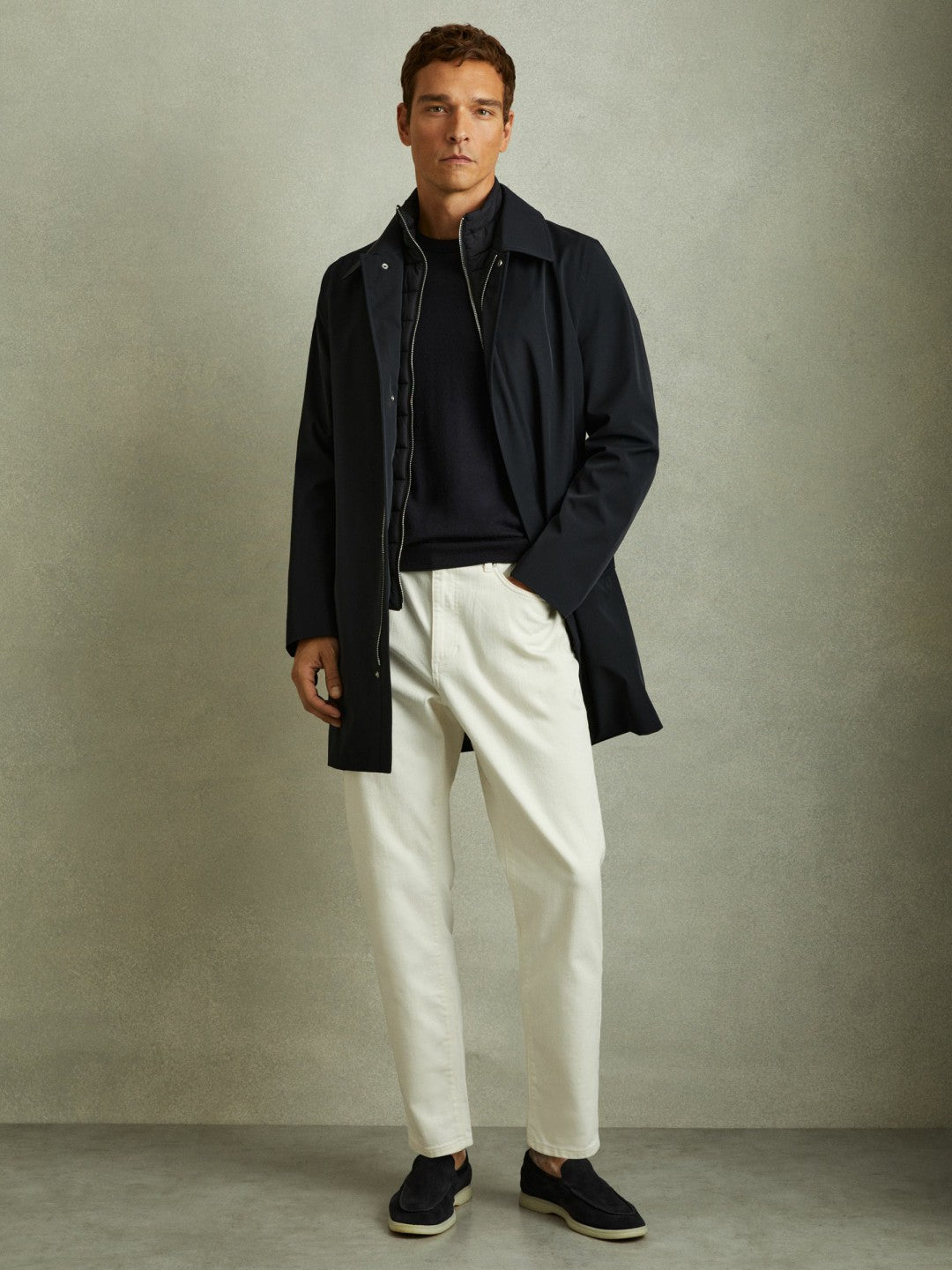 Hybrid Removable Funnel Neck Overcoat in Navy | Reiss Men Featured