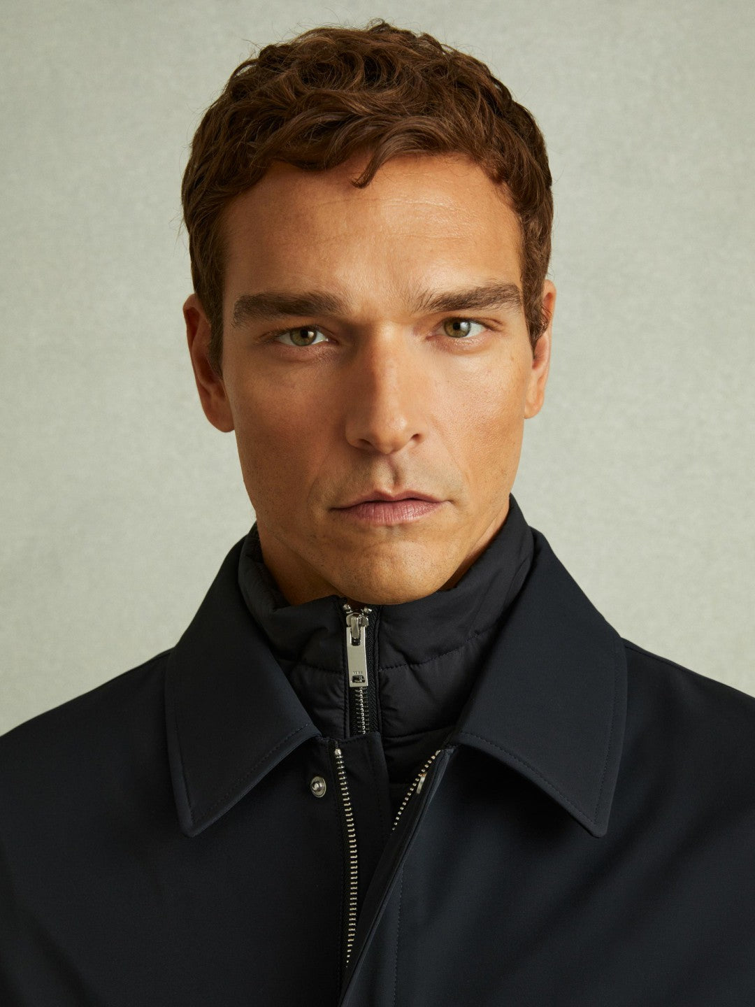 Hybrid Removable Funnel Neck Overcoat in Navy | Reiss Men Featured