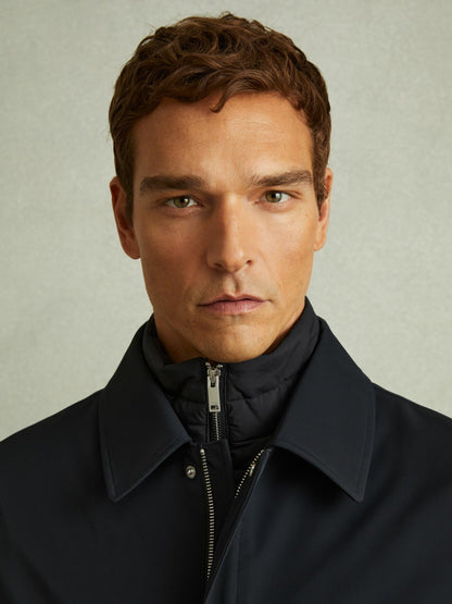 Hybrid Removable Funnel Neck Overcoat in Navy | Reiss Men Featured