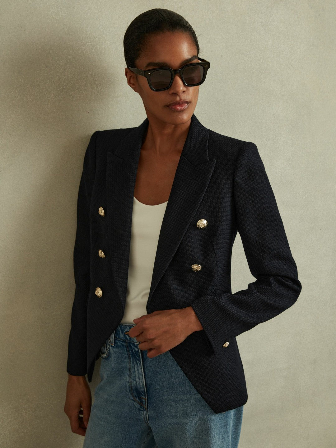 Petite Tailored Fit Textured Double Breasted Blazer in Navy | Reiss Women Featured