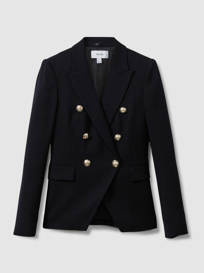 Petite Tailored Fit Textured Double Breasted Blazer in Navy | Reiss Women Featured
