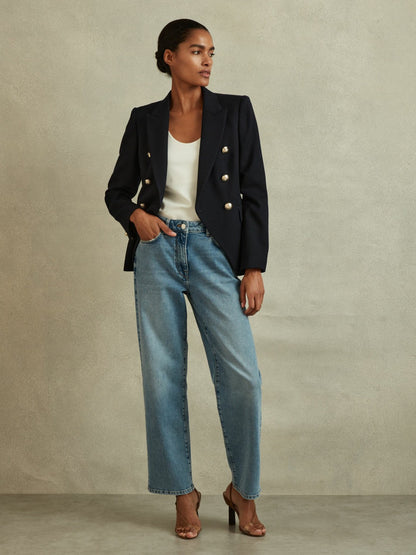 Petite Tailored Fit Textured Double Breasted Blazer in Navy | Reiss Women Featured