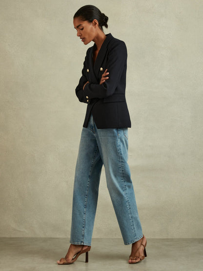Petite Tailored Fit Textured Double Breasted Blazer in Navy | Reiss Women Featured