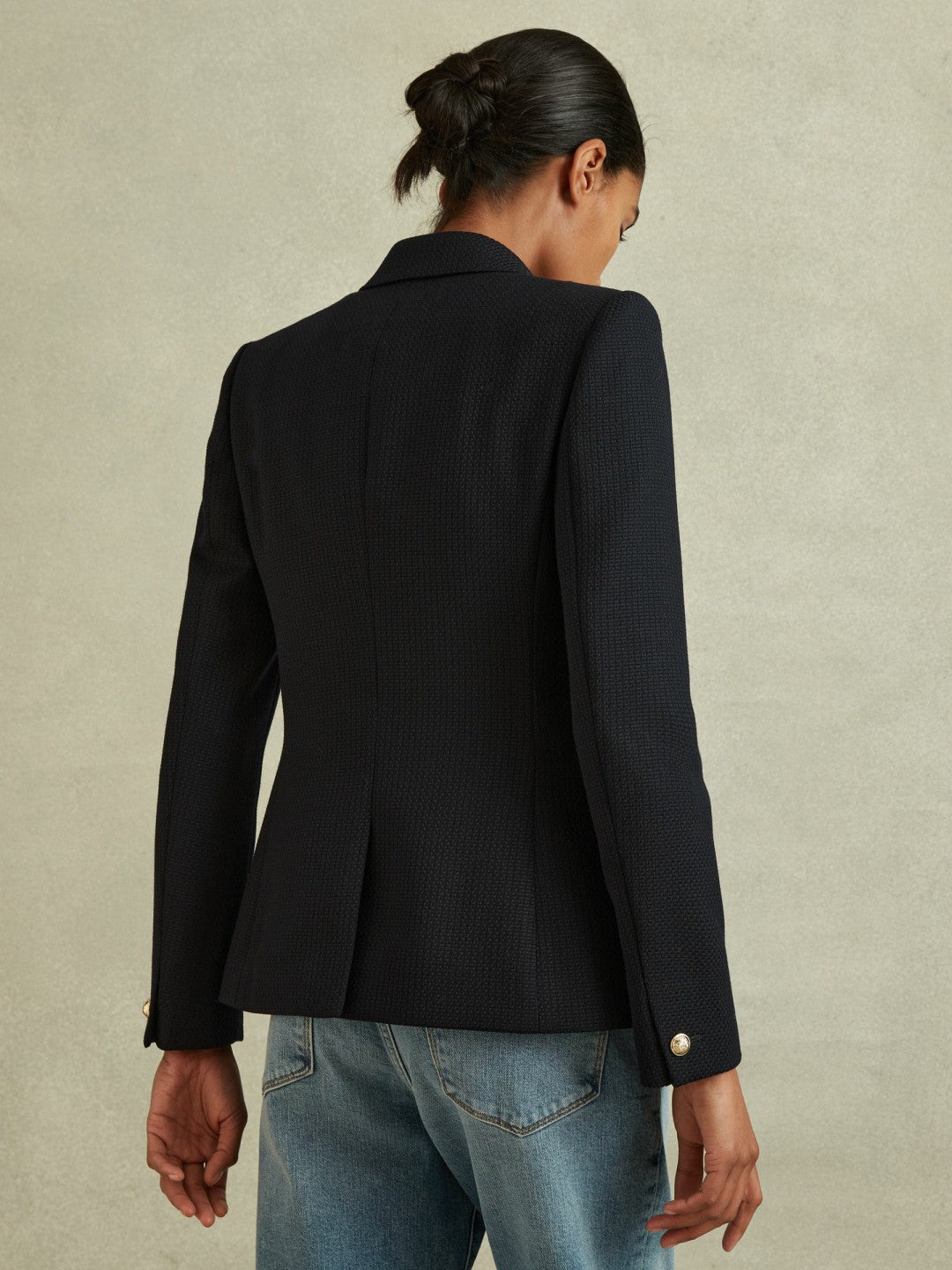 Petite Tailored Fit Textured Double Breasted Blazer in Navy | Reiss Women Featured