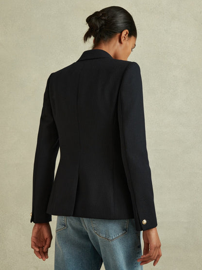 Petite Tailored Fit Textured Double Breasted Blazer in Navy | Reiss Women Featured