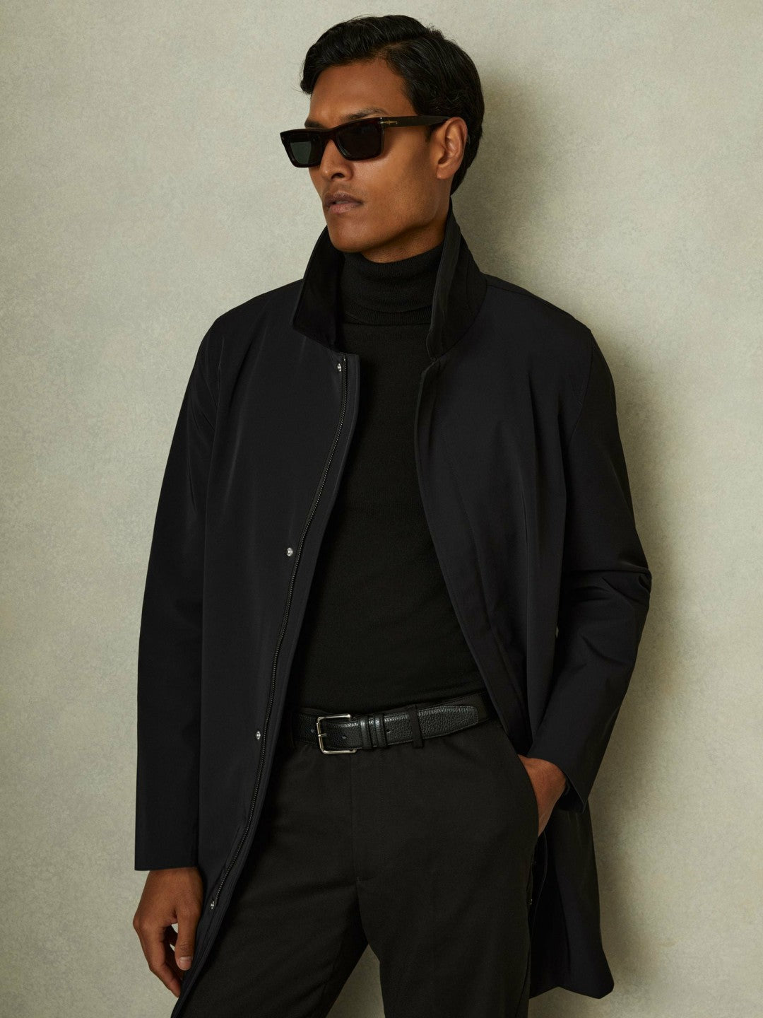 Hybrid Removable Funnel Neck Overcoat in Black | Reiss Men New