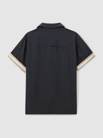 | Ché Cuff Detail Cuban Collar Shirt in Navy | Reiss Men Exclusive