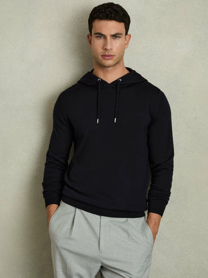 Merino Wool Drawstring Hoodie in Navy | Reiss Men Signature