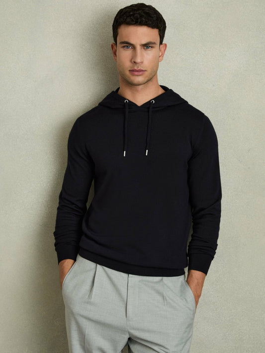 Merino Wool Drawstring Hoodie in Navy | Reiss Men Signature