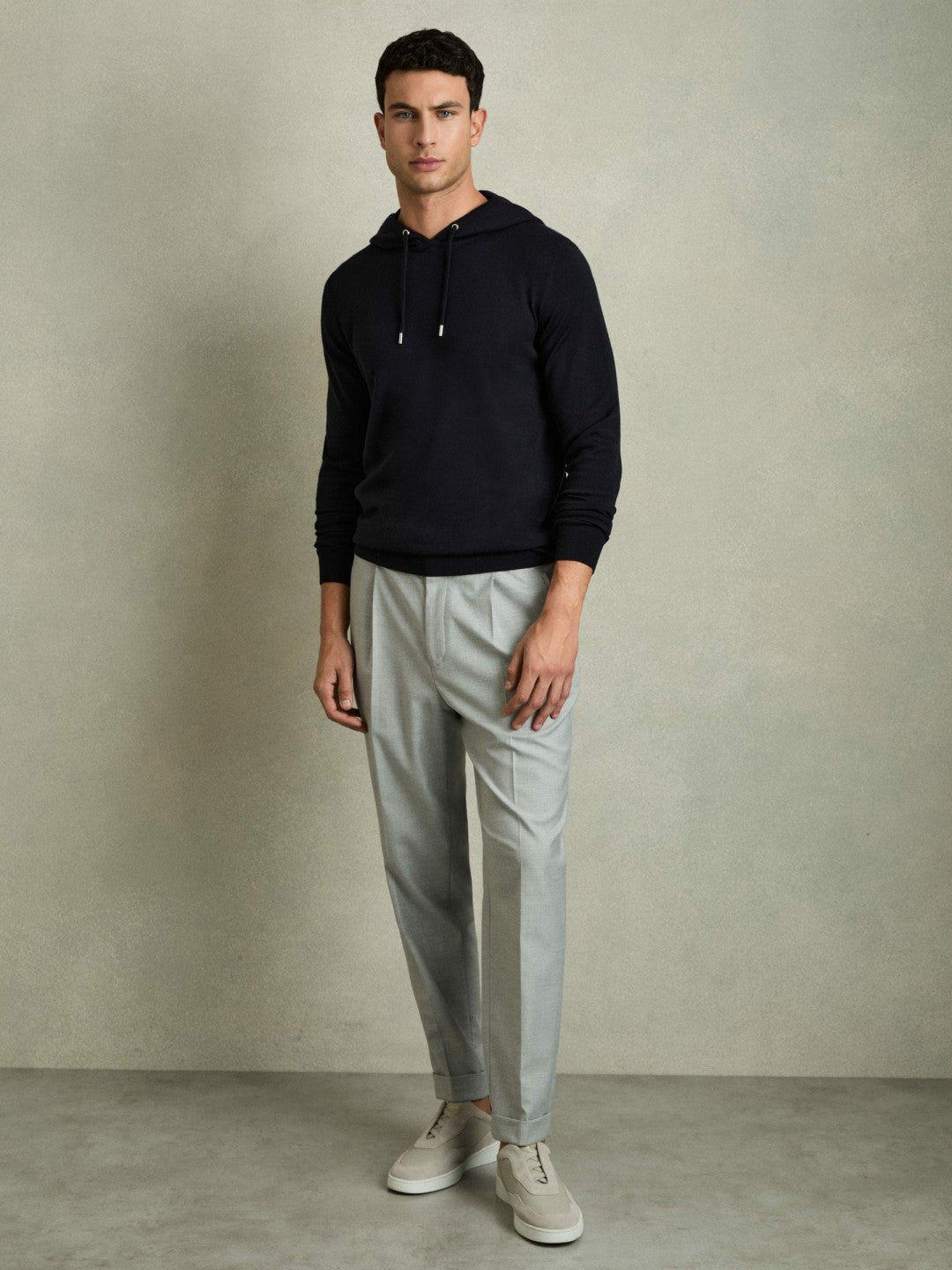 Merino Wool Drawstring Hoodie in Navy | Reiss Men Signature
