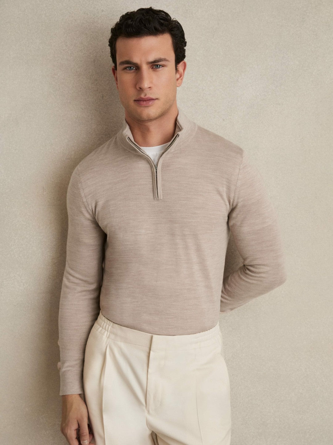 Merino Wool Half-Zip Jumper in Wheat Melange | Reiss Men Exclusive
