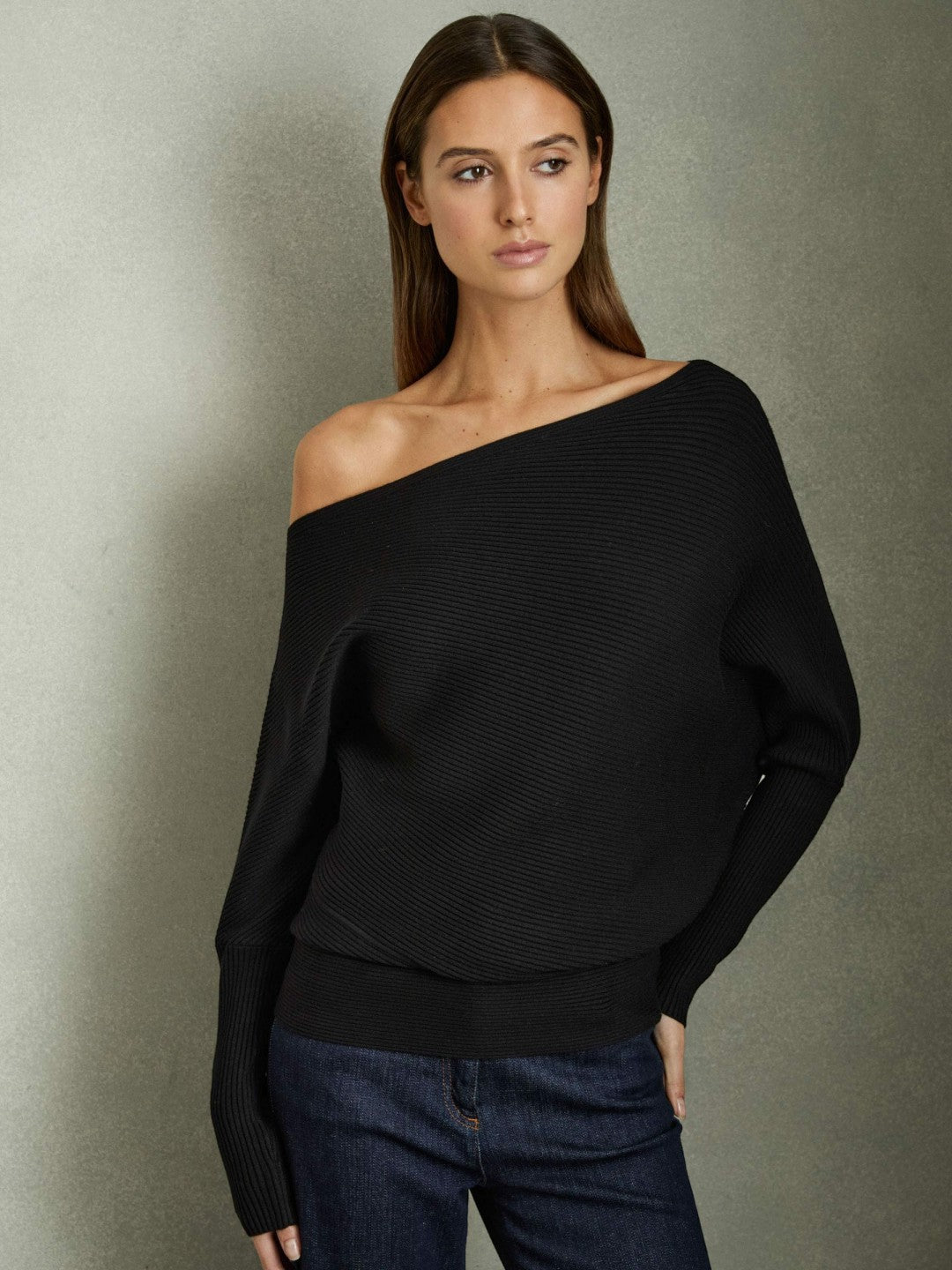 Asymmetric Draped Knitted Jumper in Black | Reiss Women Best Seller
