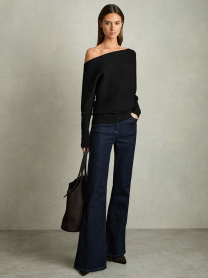 Asymmetric Draped Knitted Jumper in Black | Reiss Women Best Seller