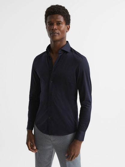 Cotton-Blend Jersey Cutaway-Collar Shirt in Navy | Reiss Men New