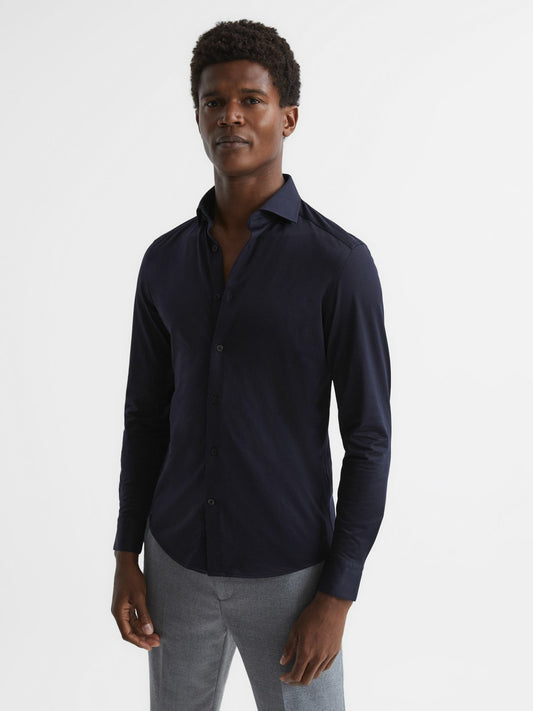 Cotton-Blend Jersey Cutaway-Collar Shirt in Navy | Reiss Men New