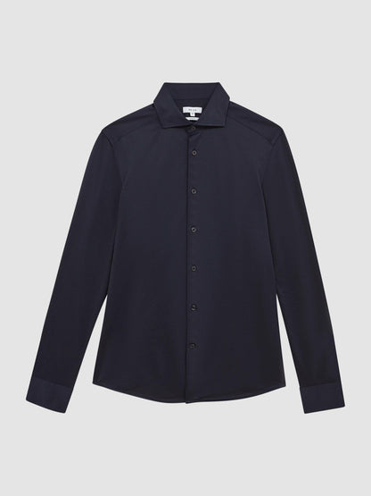 Cotton-Blend Jersey Cutaway-Collar Shirt in Navy | Reiss Men New