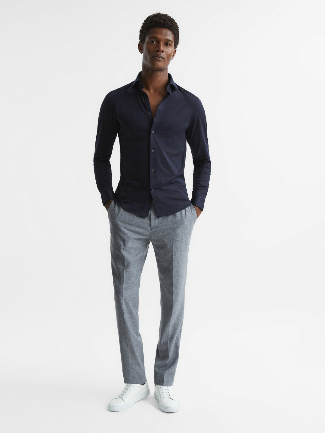 Cotton-Blend Jersey Cutaway-Collar Shirt in Navy | Reiss Men New