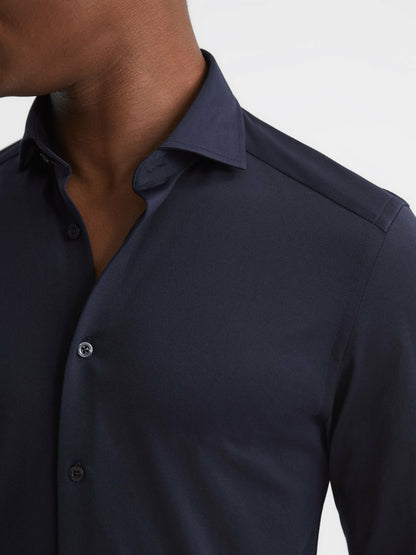 Cotton-Blend Jersey Cutaway-Collar Shirt in Navy | Reiss Men New