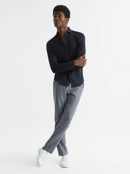 Cotton-Blend Jersey Cutaway-Collar Shirt in Navy | Reiss Men New