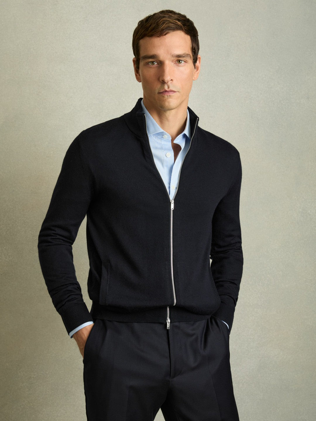 Merino Wool Zip-Through Cardigan in Navy | Reiss Men Trending
