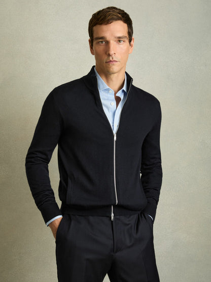 Merino Wool Zip-Through Cardigan in Navy | Reiss Men Trending