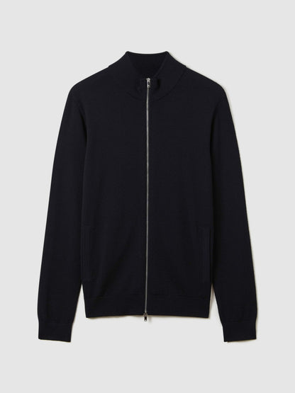 Merino Wool Zip-Through Cardigan in Navy | Reiss Men Trending
