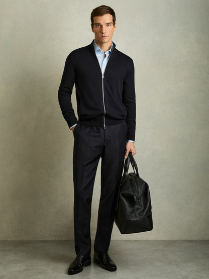 Merino Wool Zip-Through Cardigan in Navy | Reiss Men Trending