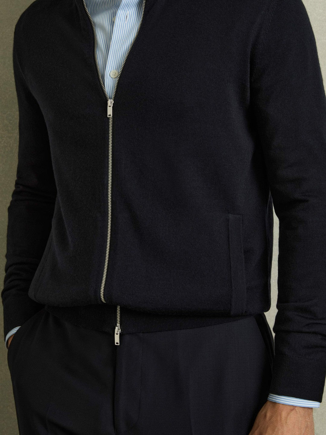 Merino Wool Zip-Through Cardigan in Navy | Reiss Men Trending